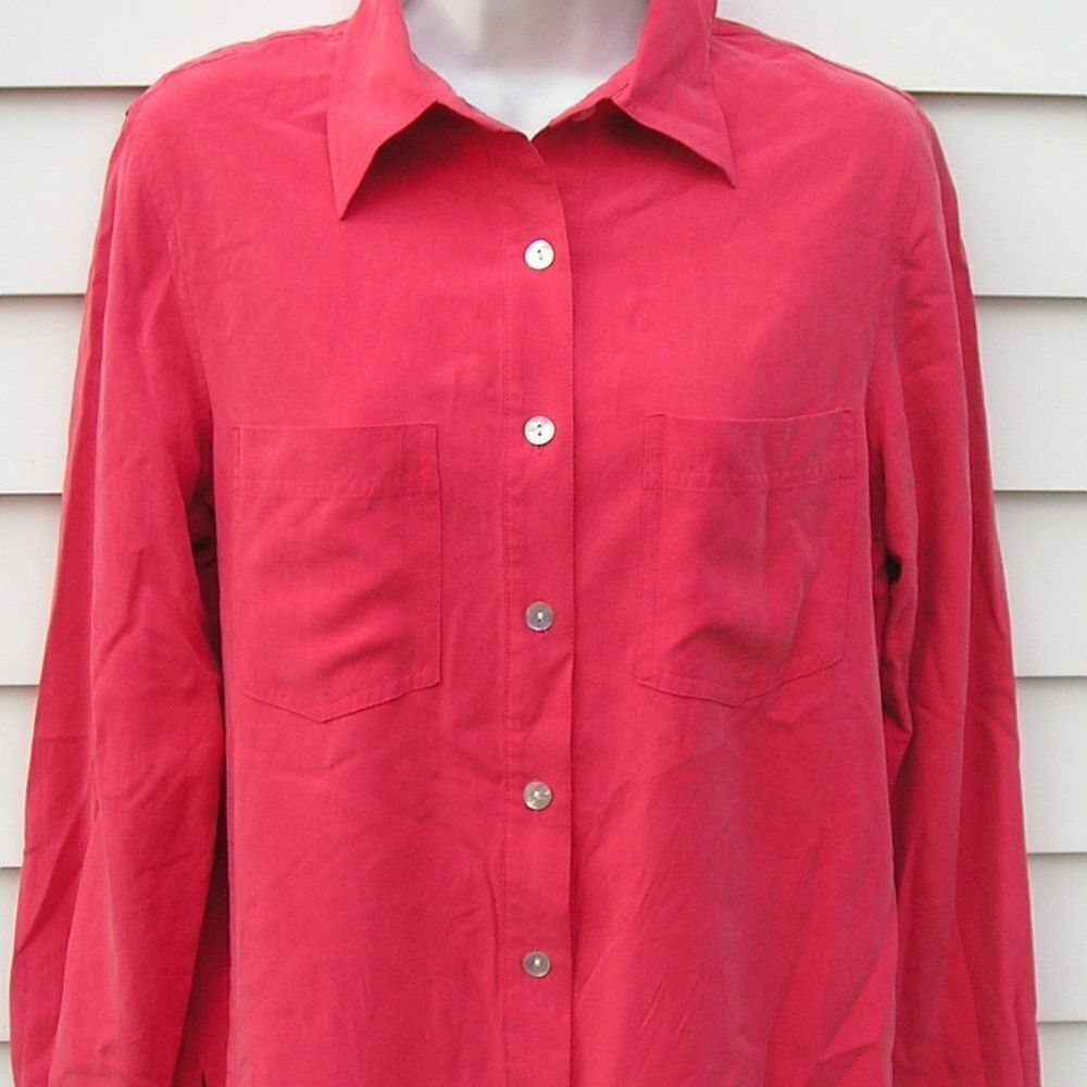 Lizden 100% Silk Button Down Blouse - Red Rose (S)